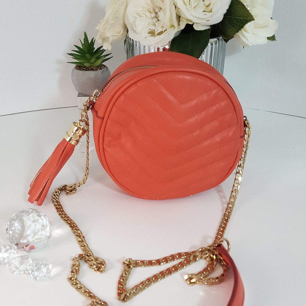 Urban Expressions🌺Vegan Orange Quilted Mini Round Crossbody Bag